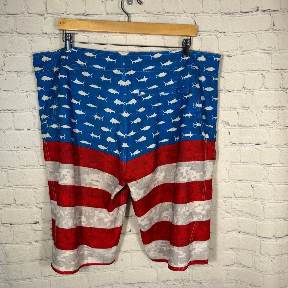 Pelagic Mens Sharkskin Boardshorts American Flag Fish Camo Blue Red White 40
